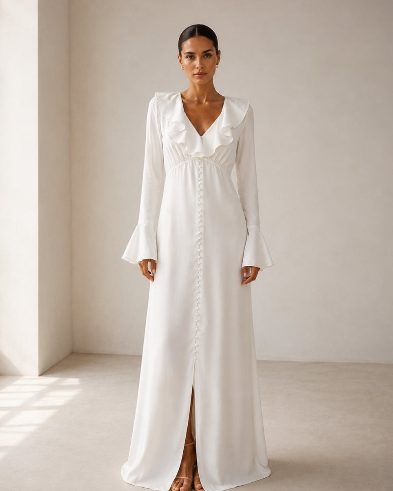 Women's Long Button-Front Dress with Ruffled Neckline - White