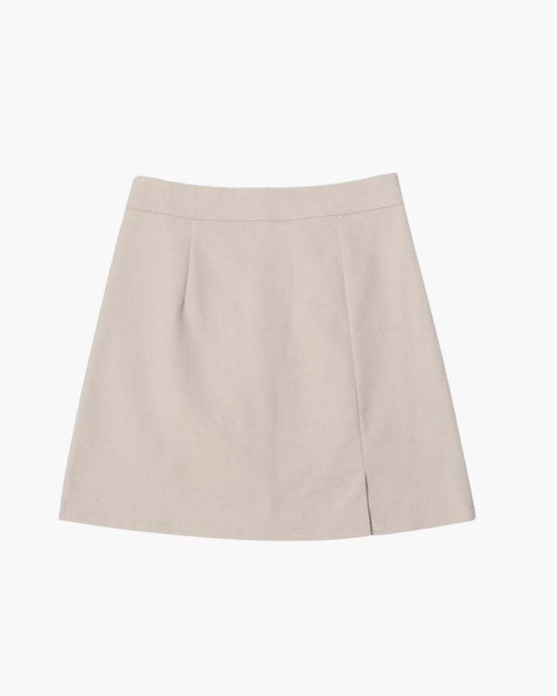 Women's Plain Mini Skirt with a Small Front Slit - Beige