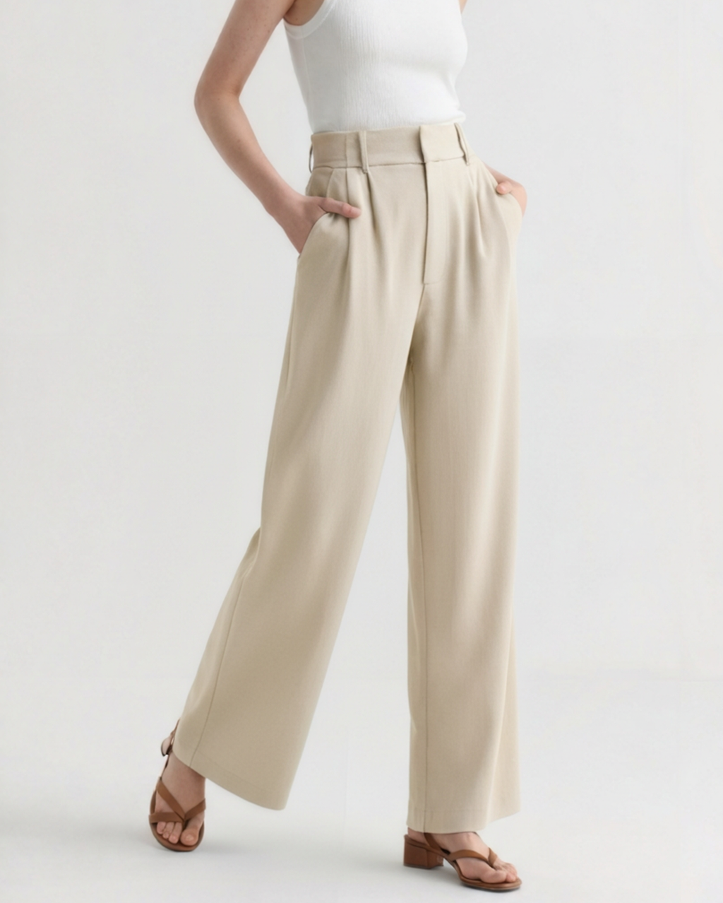 Women's Pleated Wide-Leg Trousers with Belt Loops - Beige