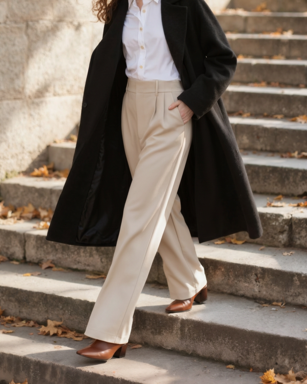 Women's Pleated Wide-Leg Trousers with Belt Loops - Beige
