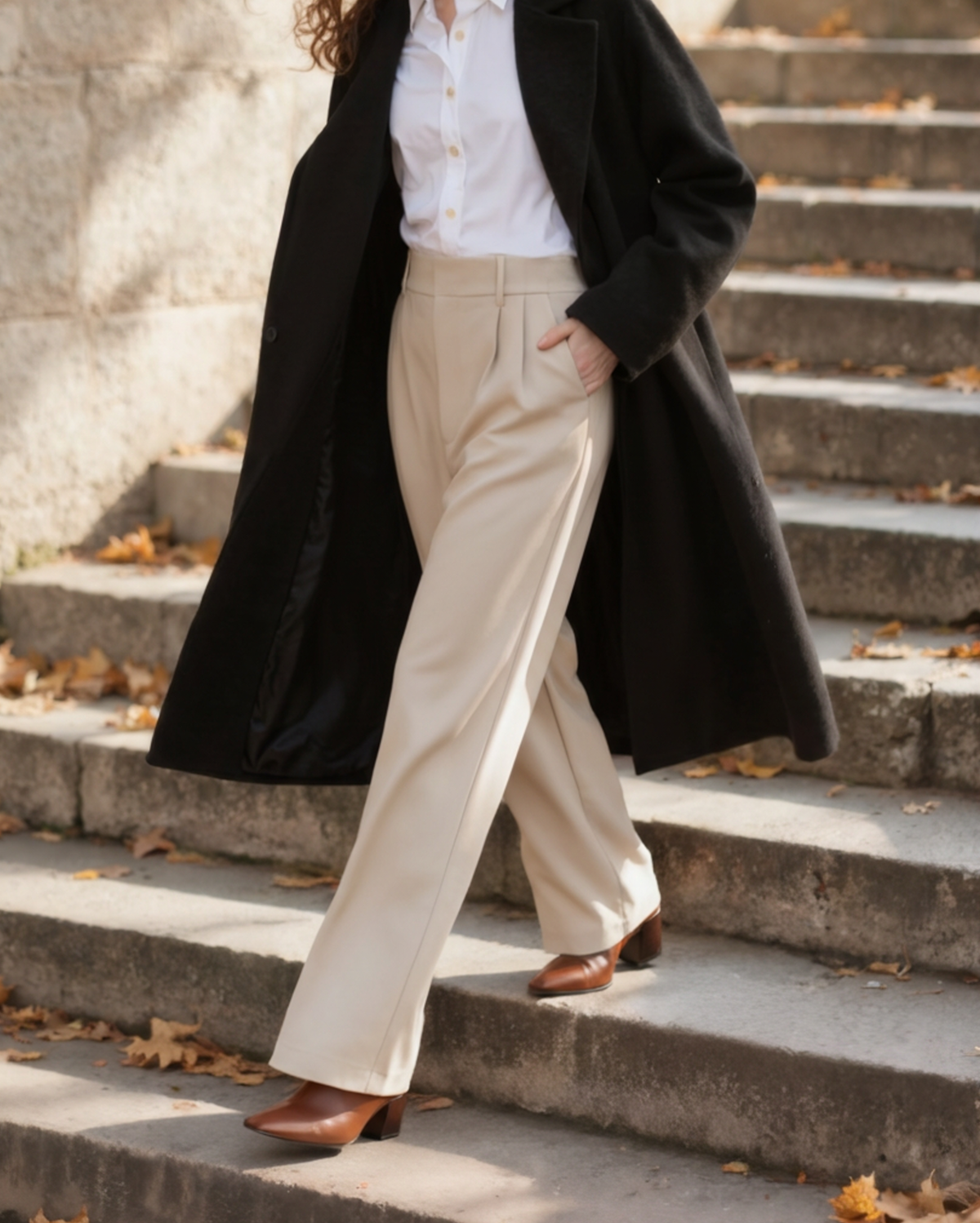 Women's Pleated Wide-Leg Trousers with Belt Loops - Beige