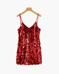Women's Sequin Mini Dress with Fine Shoulder Straps - Red