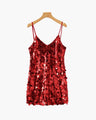 Women's Sequin Mini Dress with Fine Shoulder Straps - Red