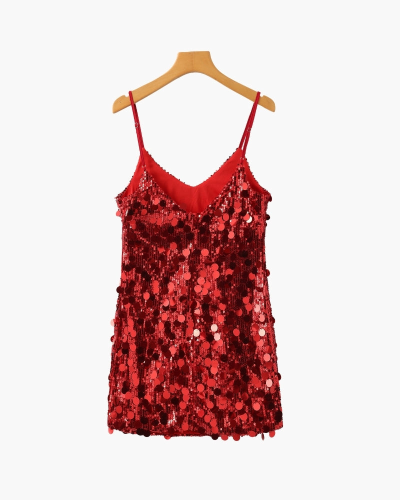 Women's Sequin Mini Dress with Fine Shoulder Straps - Red