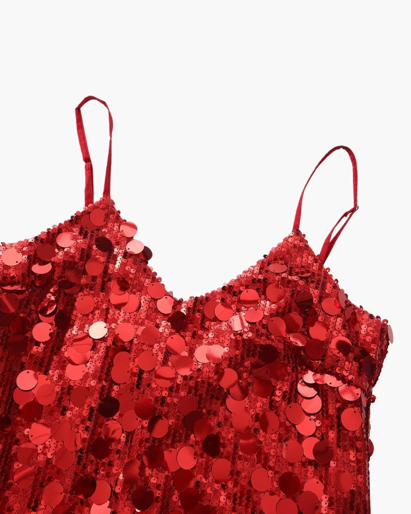 Women's Sequin Mini Dress with Fine Shoulder Straps - Red