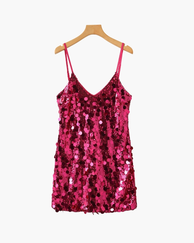 Women's Sequin Mini Dress with Fine Shoulder Straps - Pink