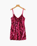Women's Sequin Mini Dress with Fine Shoulder Straps - Pink