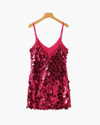 Women's Sequin Mini Dress with Fine Shoulder Straps - Pink