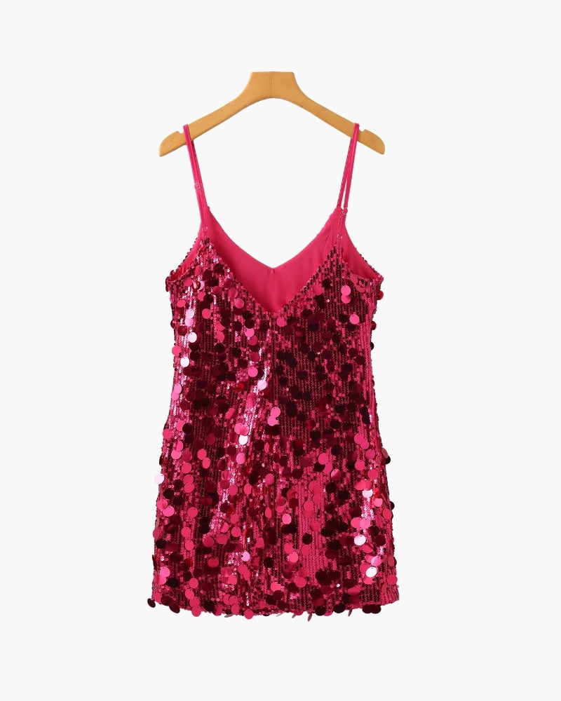 Women's Sequin Mini Dress with Fine Shoulder Straps - Pink