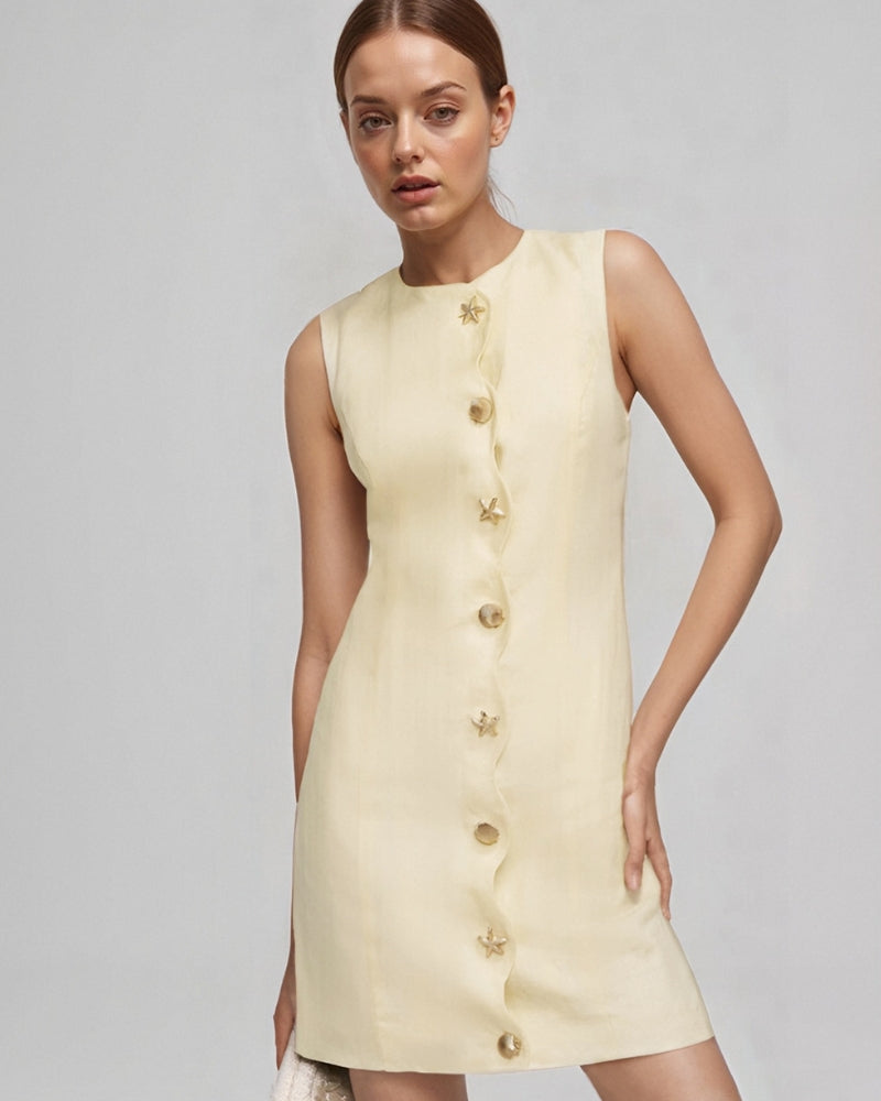 Women's Sleeveless Button-Front Dress with Round Neck - Cream