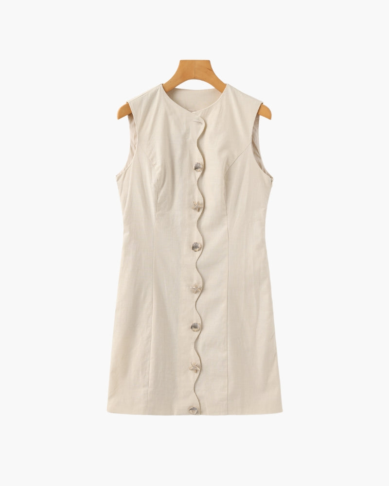 Women's Sleeveless Button-Front Dress with Round Neck - Cream