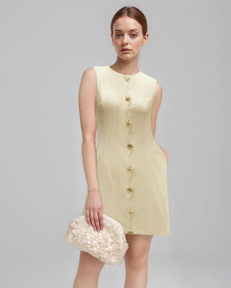 Women's Sleeveless Button-Front Dress with Round Neck - Cream