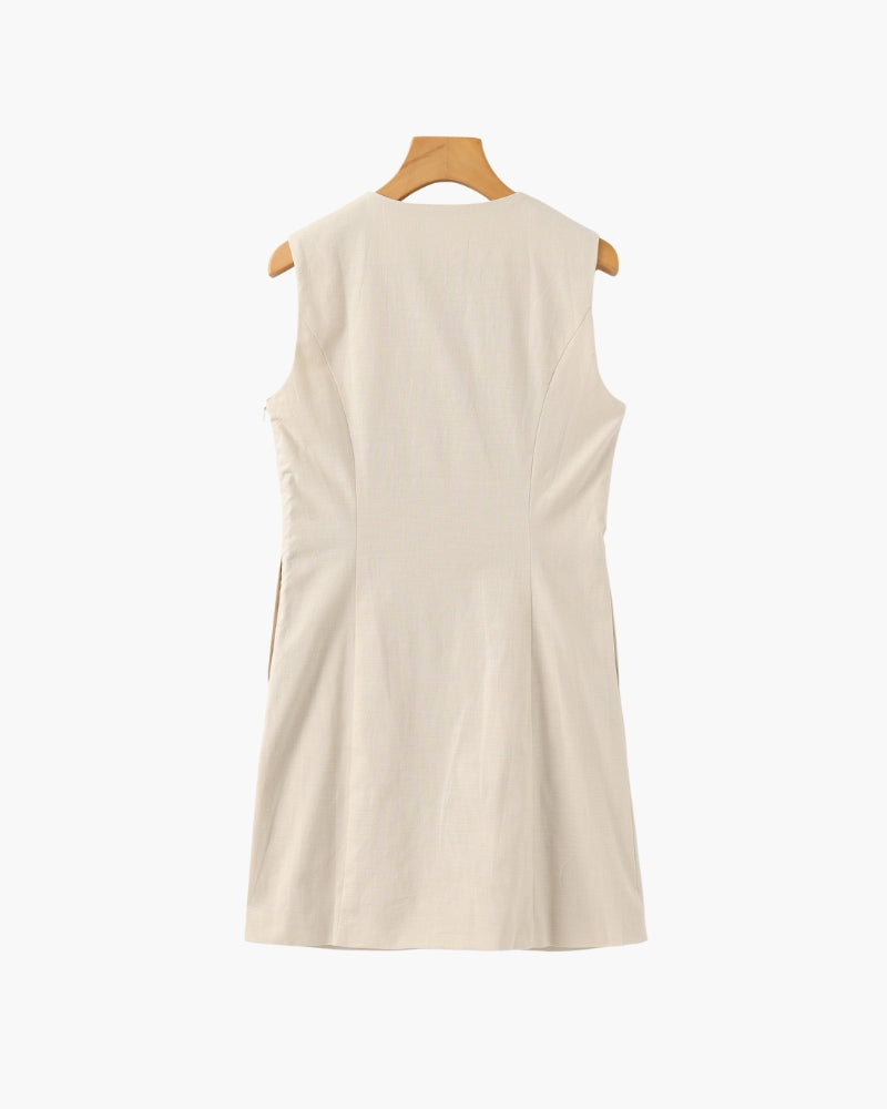 Women's Sleeveless Button-Front Dress with Round Neck - Cream