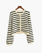 Women's Striped Button Cardigan with a Pointed Collar - Cream and Black