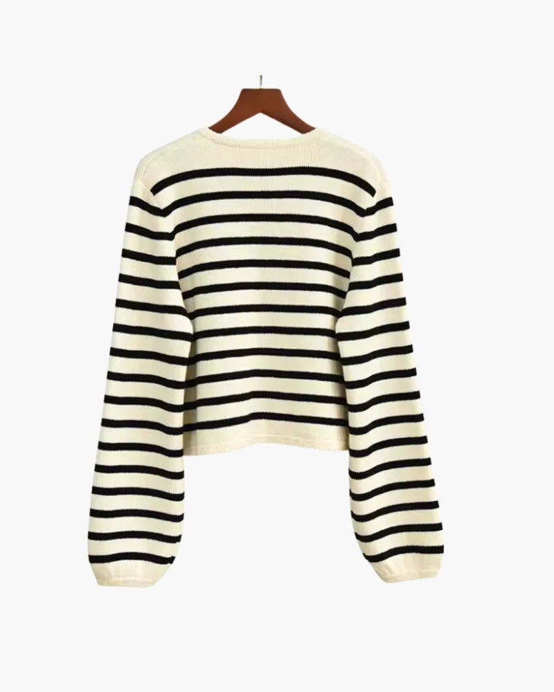 Women's Striped Button Cardigan with a Pointed Collar - Cream and Black