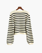 Women's Striped Button Cardigan with a Pointed Collar - Cream and Black