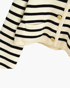 Women's Striped Button Cardigan with a Pointed Collar - Cream and Black